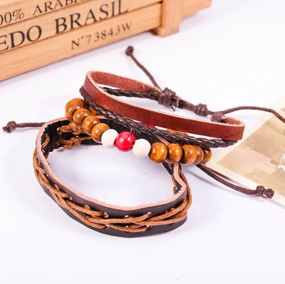 Boho Multilayer Leather Beaded Adjustable Unisex Bracelet OS - Picture 2 of 4